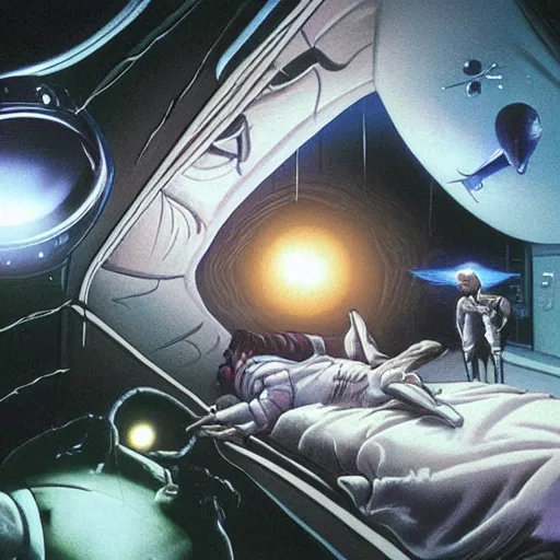 Prompt: waking up from coma, first person view, being cared for by primitive extraterrestrials, cinematic, worm's eye view, dramatic lighting, illustration, ron cobb, mike mignogna, science fiction