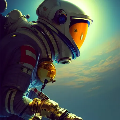 Image similar to centered portrait of the Astronaut riding on top of a rocket, realistic concept, light atmosphere, golden ratio, wide shot, cinematic lighting, hyperdetailed, high detailed, high resolution, insanely detailed and intricate, artstation, Marc Simonetti, Greg Rutkowski, octane render, unreal engine, 8k