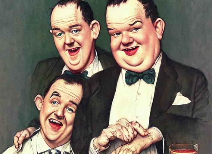 Prompt: “ painting of stan laurel and oliver hardy, by norman rockwell and robert crumb, coloured ”