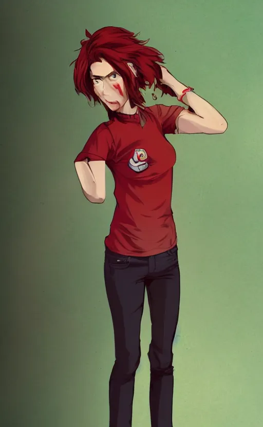 Prompt: full-body shot of an attractive tomboy girl with long, crimson red hair and red eyes, wearing a dark red shirt and green jeans with a stern look, concept art, character design