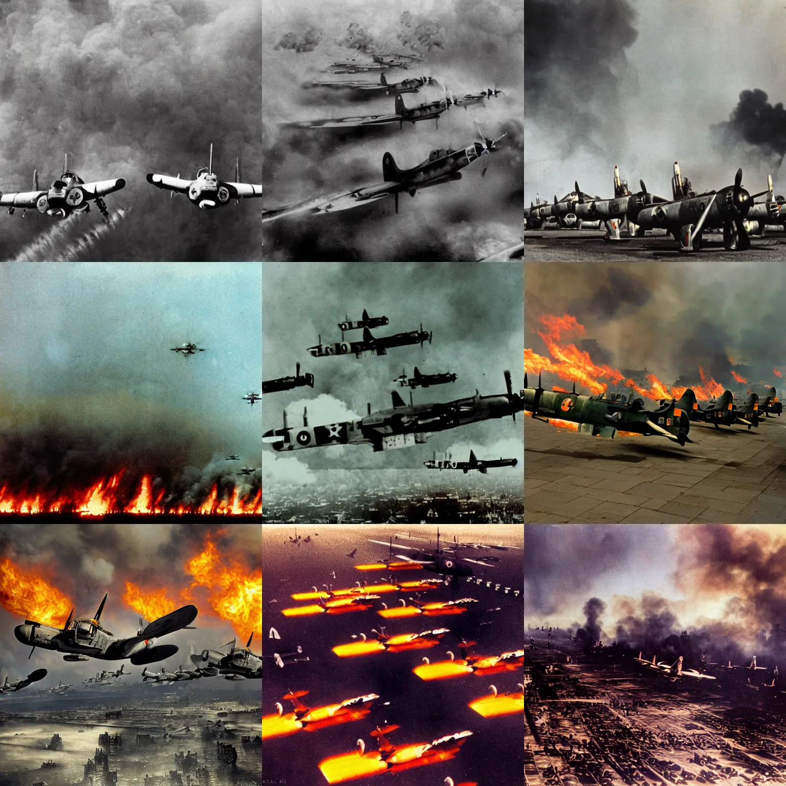 Prompt: landscape photograph of an armada of german stuka dive bombers, over a destroyed smoking burning city, color, reflections, motion blur, atmospheric, award winning photo