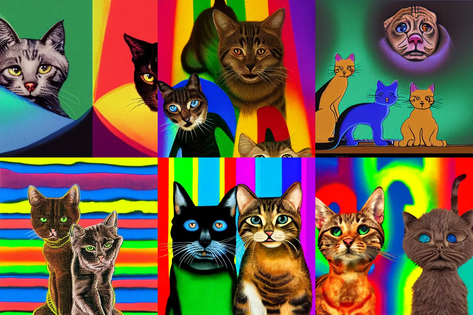 Prompt: a realistic rendering of two cats, three dogs, reimagined by Kubrick, Dark Fantasy, psychedelic, rack Focus, rainbow color scheme, diffuse lighting