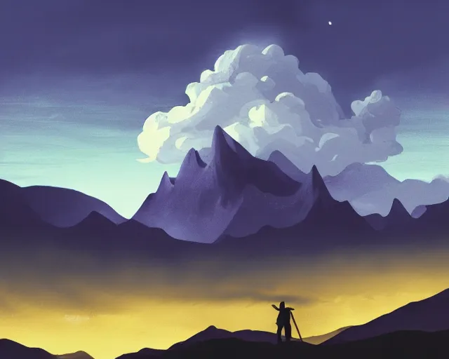 Prompt: A silhouette figure of a man with a guitar obscured by clouds that look like mountains high in the sky, the clouds are a deep blue purple color with the sun blazing behind the clouds, deep focus, D&D, fantasy, intricate, elegant, highly detailed, digital painting, artstation, concept art, matte, sharp focus, illustration, hearthstone, art by Artgerm and Greg Rutkowski and Alphonse Mucha