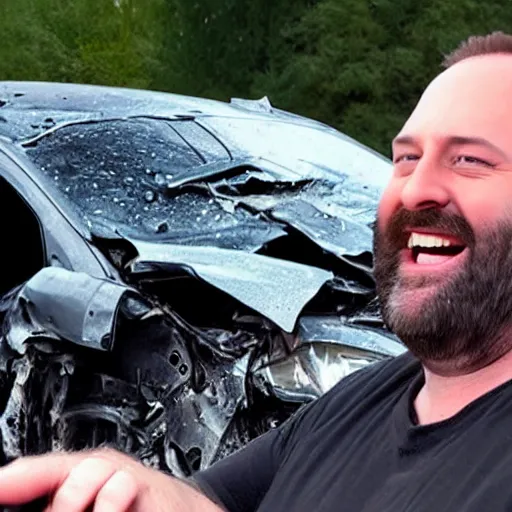 Prompt: Tom Segura laughing in front of a carcrash, hidden camera photo, photorealistic, 8k