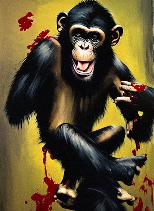 Prompt: chimpanzee raging, screaming, blood flying, screaming, on the house set of a sitcom, painting by phil hale, fransico goya, david lynch,'action lines '!!!, graphic style, visible brushstrokes, motion blur, blurry