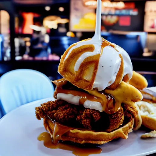 Image similar to fried chicken sandwich with Belgian Waffle Bun, maple syrup & hot fudge, ice cream on the side, 4K, HD