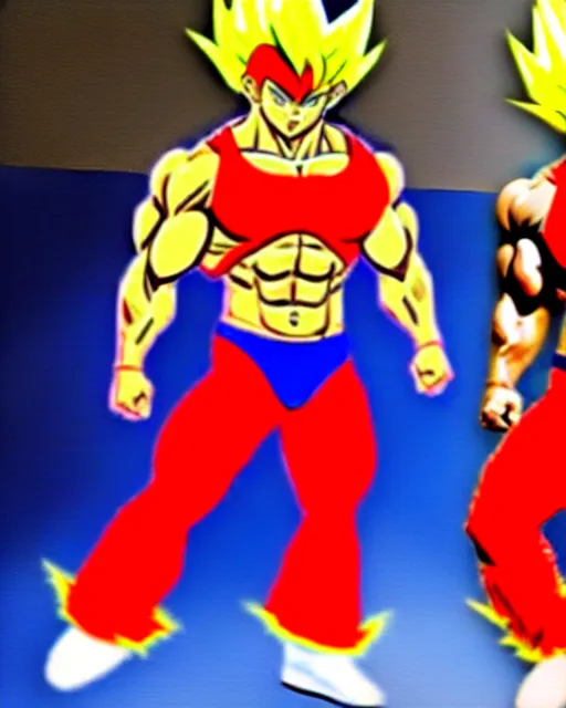 Image similar to rodrigo duterte, duterte as super saiyan in fighting pose with blonde spiky hair and body builder muscles and red pants, realistic