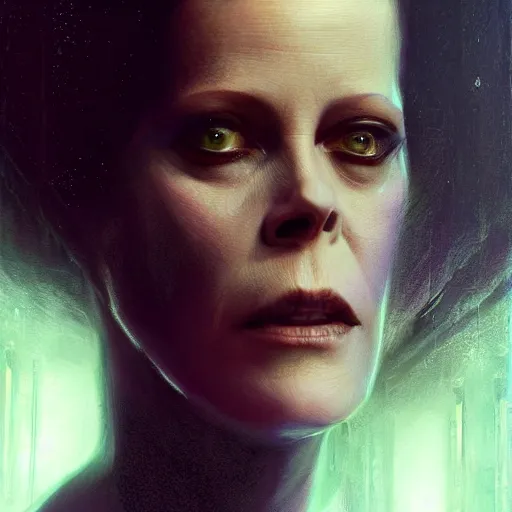 Image similar to sigourney weaver as molly millions, neuromancer, a young beautiful woman, mirror eye implants, cyberpunk, high detail, dramatic light, digital art, dark, promotional art painted by seb mckinnon and greg rutkowski, trending on artstation