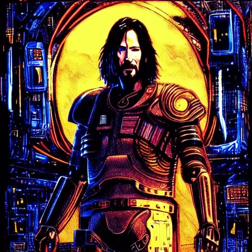 Prompt: keanu reeves as cyberpunk knight, atmospheric lighting, painted, intricate, golden hour, ultra detailed by philippe druillet