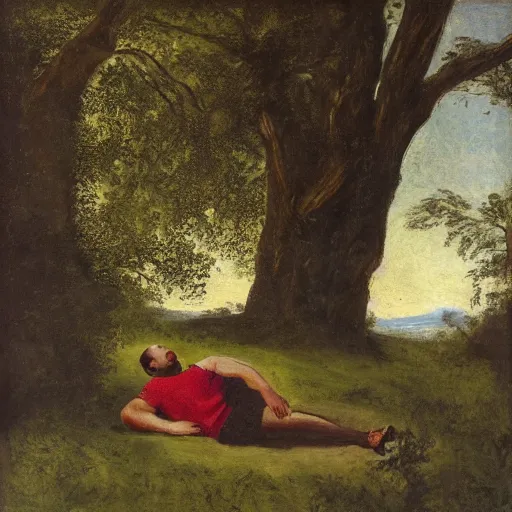 Prompt: portrait of a man resting below a tree