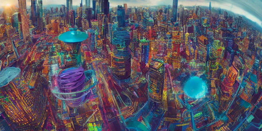 Prompt: Bustling vivid utopian city reimagined by Max Hay, fisheye lens!!!, 100mm photography, trending on artstation, 4k, 8k, lens distortion, chromatic aberration, soft focus blur, photorealistic imagery, photorealistic details, intricate, highly detailed, artstation 3d, artstation render, artstation 3d render, 3d art, unreal engine 3d, octane 3d, blender 3d, 3d landscape