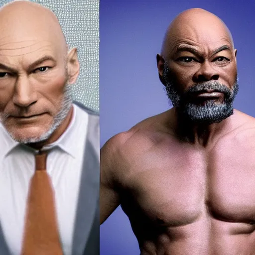 Image similar to a man who is a genetic combination of patrick stewart and jonathan frakes and levar burton and michael dorn and brent spiner, face and upper - body focus, detailed eyes