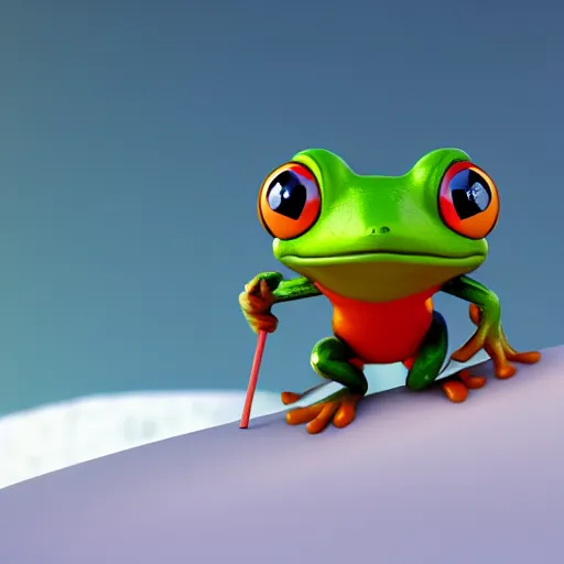 Image similar to 3 d octane render chibi frog character skiing down a mountain, pixar style