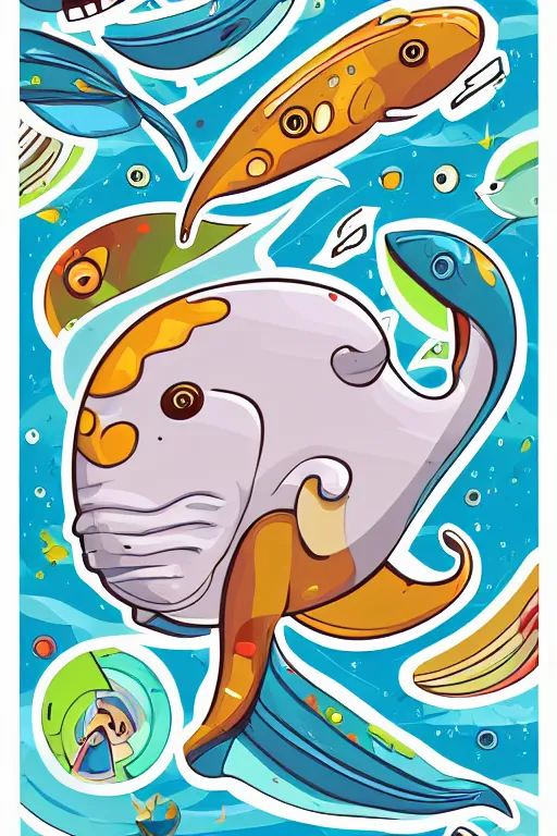 Image similar to Whale, sticker, anthropomorphic, colorful, fantasy, artstation, illustration, highly detailed, simple, smooth and clean vector curves, no jagged lines, vector art, smooth