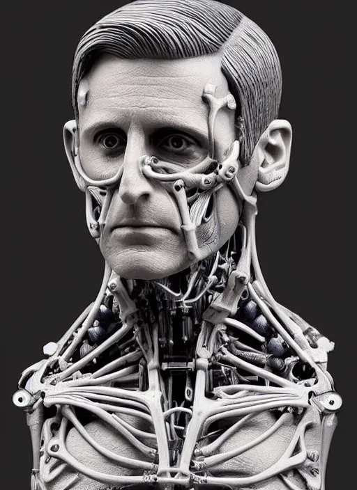 Image similar to a bust sculpture of anatomical detailed cyborg, steve carell, blue blood, become human, ceramic base, orthographic, studio lighting