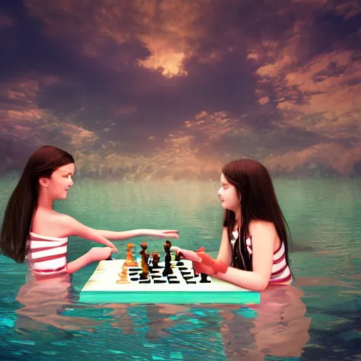 Prompt: Cute girls are playing chess underwater, photorealistic render