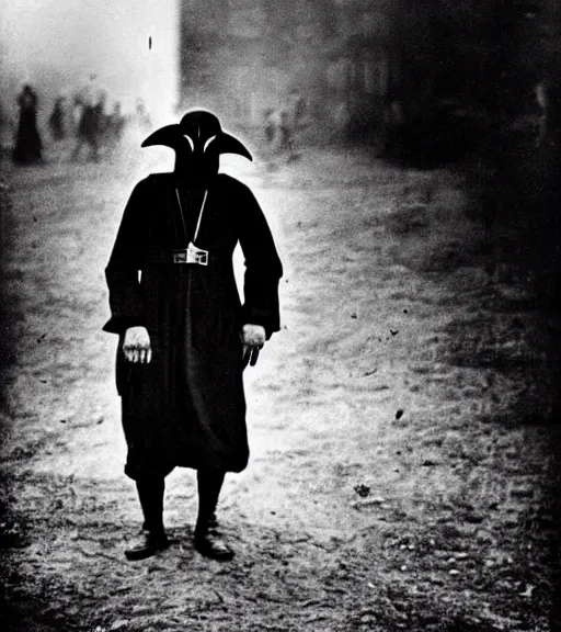 Image similar to a man at wearing plague doctor mask in distance, ww1 film photo, grainy, high detail, high resolution