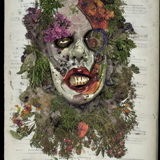 Prompt: the broken face of the and with rage of psychosis, of stone wood vomiting herbs and multicolored flowers