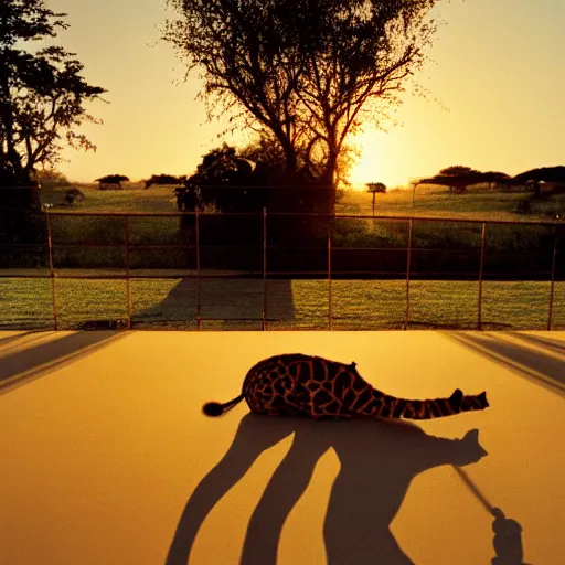 Prompt: a low angle photo of a cat giraffe hybrid, at the golden hour, sunset, sunrise, warm lighting, strongshadows, photo by slim aarons, award winning