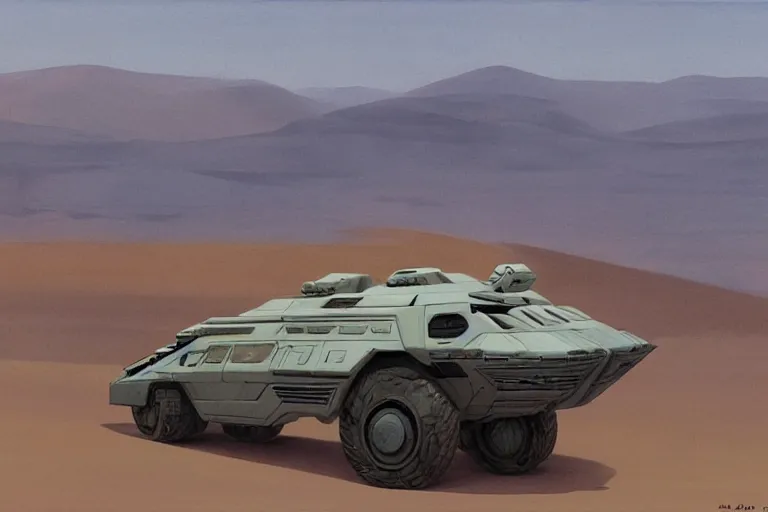 Image similar to a futuristic troop transport with eight wheels and a huge laser cannon on top driving across a vast desert, painting by ralph mcquarrie