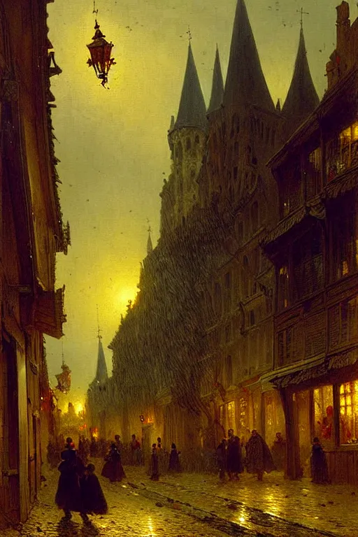 Image similar to detailed painting of a street of saint malo after a bombing, lanterns glowing, dusk, filigree ornaments, andreas achenbach