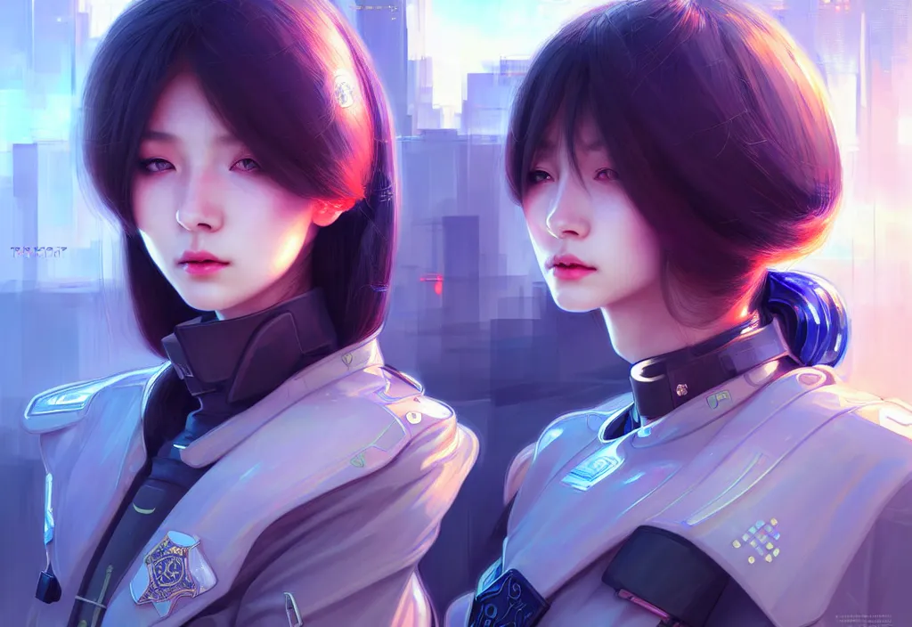 Image similar to portrait futuristic police uniform girl, at future neon light tokyo rooftop night, ssci - fi and fantasy, intricate and very very beautiful and elegant, highly detailed, digital painting, artstation, concept art, smooth and sharp focus, illustration, art by tan zi and ayanamikodon and alphonse mucha and wlop