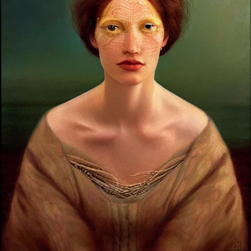 Image similar to A beautiful portrait of a woman with iridescent skin by James C. Christensen
