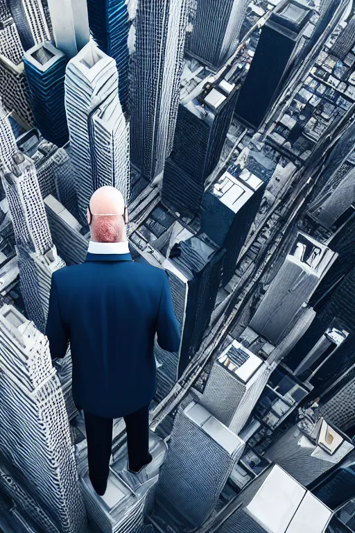 Prompt: strong middle aged balding man larger than skyscrapers walks around the city, bird's eye view, highly detailed, digital art, sharp focus, super realistic, octane render