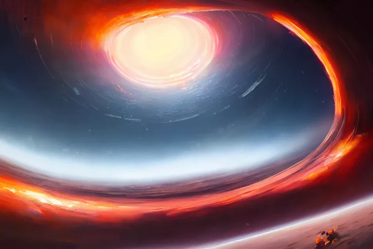 Image similar to a beautiful oil painting of the event horizon of a black hole, orange, warping, detailed, beautiful, awe - inspiring, bright, by greg rutkowski, trending on artstation