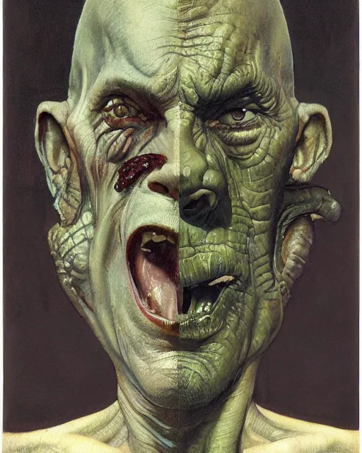 Image similar to upper body and head portrait of lizard man, by norman rockwell, roberto ferri, daniel gerhartz, edd cartier, jack kirby, howard v brown, ruan jia, tom lovell, frank r paul, jacob collins, dean cornwell, 5 0 s pulp scifi fantasy illustration