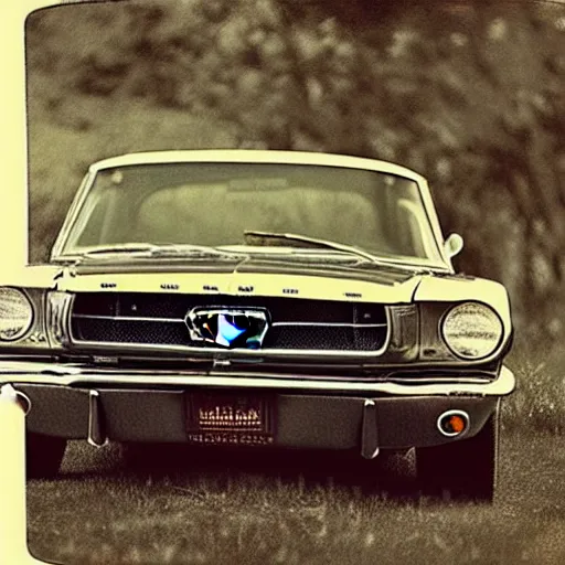 Image similar to “1965 Ford Mustang in a western town in 1800s, tintype print, photorealistic, high detail”