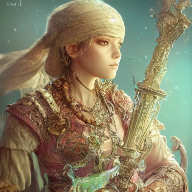 Image similar to studio portrait of neutral good colorful female cleric bard healer as absurdly beautiful, gorgeous, elegant, young woman, an ultrafine hyperdetailed illustration by kim jung gi, irakli nadar, intricate linework, sharp focus, bright colors, octopath traveler, final fantasy, unreal engine 5 highly rendered, global illumination, radiant light, detailed and intricate environment