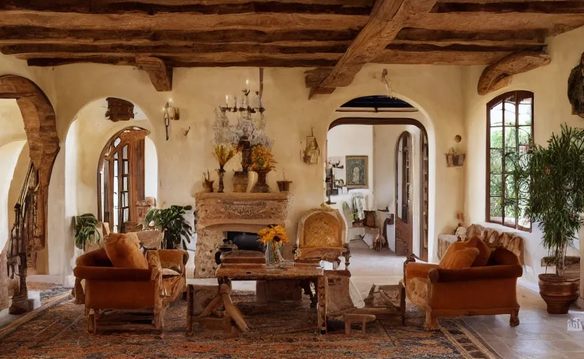 Prompt: interior of a living room, spanish colonial mansion style, arches, pillars, rustic wood, natural materials, bohemian style, swedish design, ocher, beige, dark brown, windows with view of hills