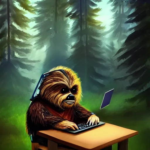 Prompt: studious ewok typing on a computer in the forest, artstation, colorful