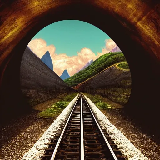 Image similar to a train track going through a tunnel with mountains in the background, an album cover by rhads, unsplash contest winner, neo - romanticism, aesthetic, windows vista, outrun