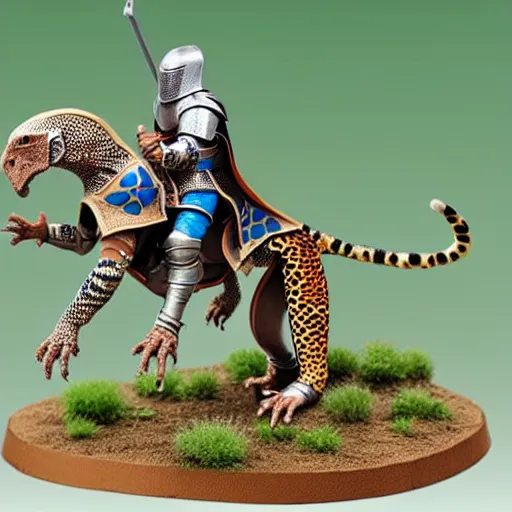 Prompt: A medieval knight riding on a giant leopard gecko, highly detailed, painted wargaming miniature