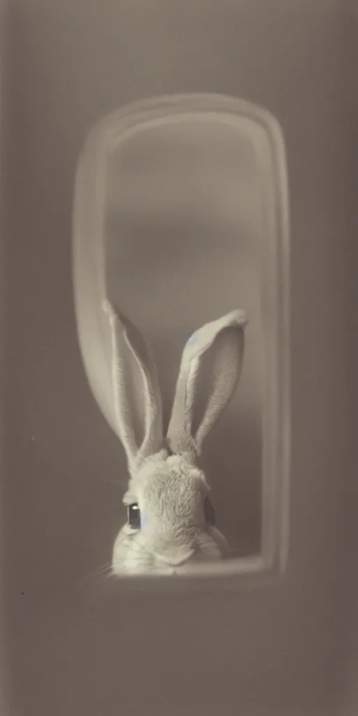 Image similar to a rabbit looking into a mirror, polaroid,