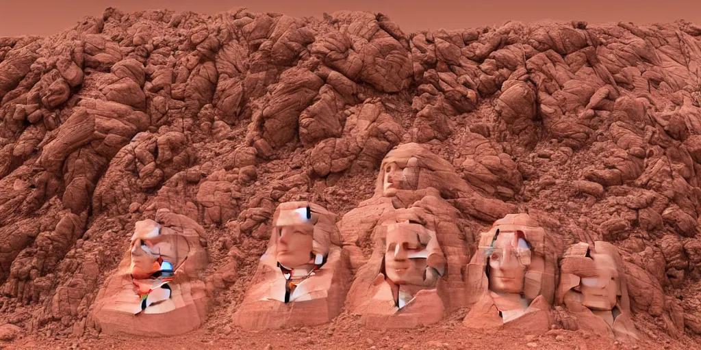 Image similar to statues of queens and empresses carved into a red mountain range on mars, sci - fi, landscape, mount rushmore