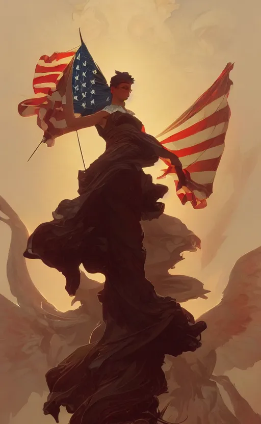 Image similar to a personification of the united states of america, highly detailed, digital painting, artstation, concept art, sharp focus, illustration, art by greg rutkowski and alphonse mucha