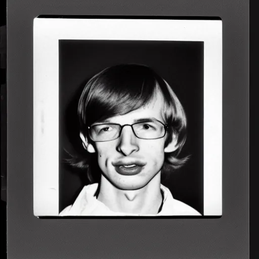 Image similar to Mugshot Portrait of Young Stephen Hawking, taken in the 1970s, photo taken on a 1970s polaroid camera, grainy, real life, hyperrealistic, ultra realistic, realistic, highly detailed, epic, HD quality, 8k resolution, body and headshot, film still, front facing, front view, headshot and bodyshot, detailed face, very detailed face