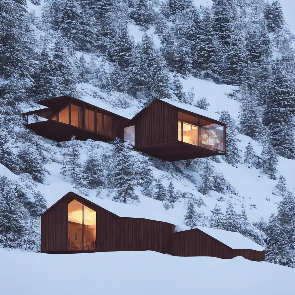 Prompt: “Hyper realistic, corten Steel cabin in mountain covers by snow, Mornin light, Future design, architecture design, foggy, environment, Cinematography, mega scans, sloped site, cinematic, hyper realistic, photo real, cinematic composition, highly detailed, vray, 8k render”