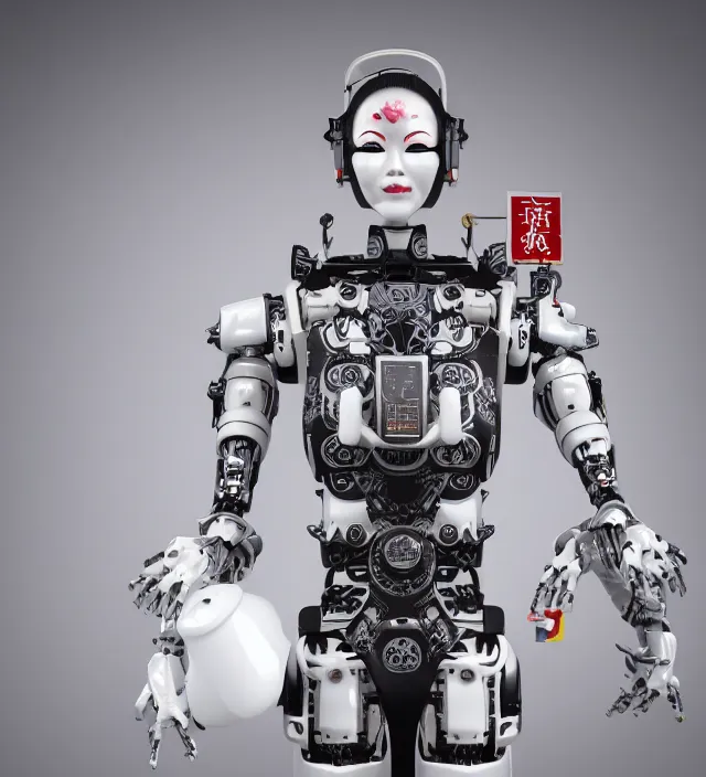 Prompt: full body portrait of a highly advanced digital robot with a porcelain japanese geisha face mask with kanji tattoos and decals, japanese model, octane render, intricate details, ultra realistic, dramatic lighting