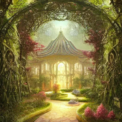 Image similar to dreamy landscape in an ornate baroque aya takano-inspired dream palace sparkle courtyard overgrown with vines, surrounded by cute forest scenery with various futuristic exobiome-related buildings, beautiful surrealism oil painting, trending on artstation