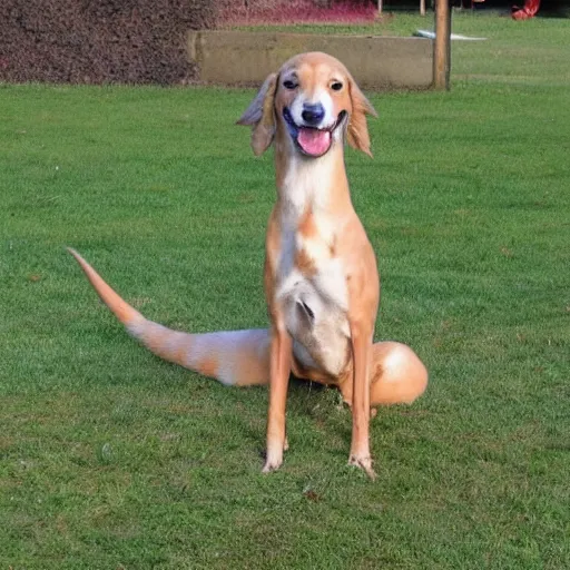 Prompt: a long long long dog with too many legs to be enumereated, he is wagging his tail and has the tongue out