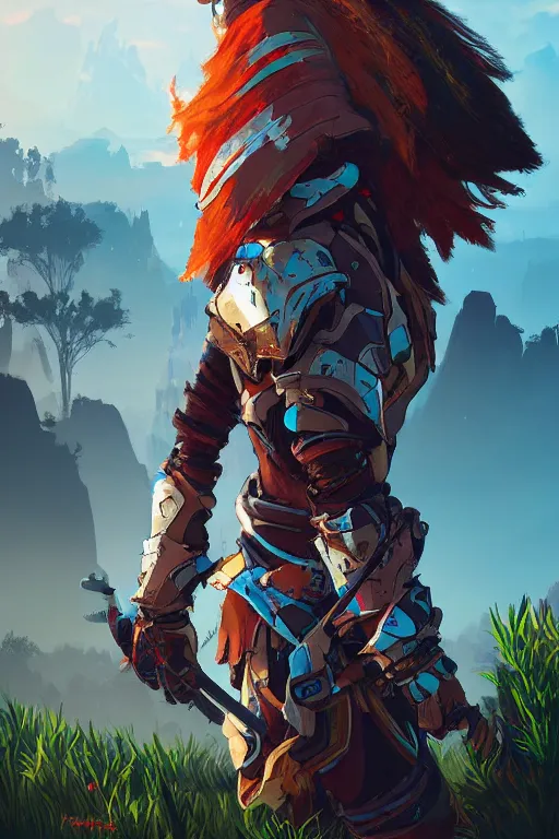 Image similar to combination suit armor aloy horizon forbidden west horizon zero dawn radiating a glowing aura global illumination ray tracing hdr fanart arstation by ian pesty and alena aenami artworks in 4 k tribal robot ninja mask helmet backpack