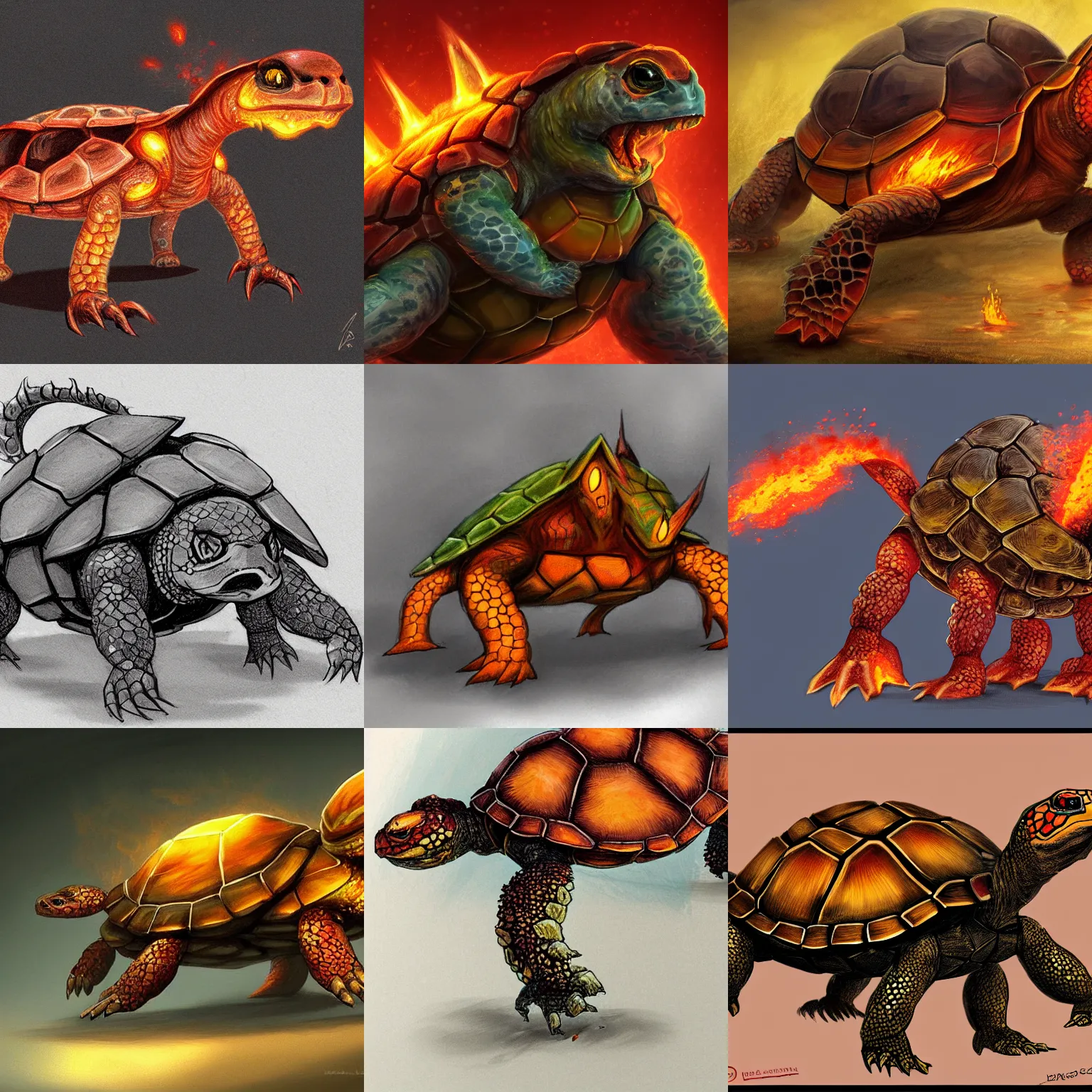 Prompt: concept art of a fire turtle terror beast, trending, detailed