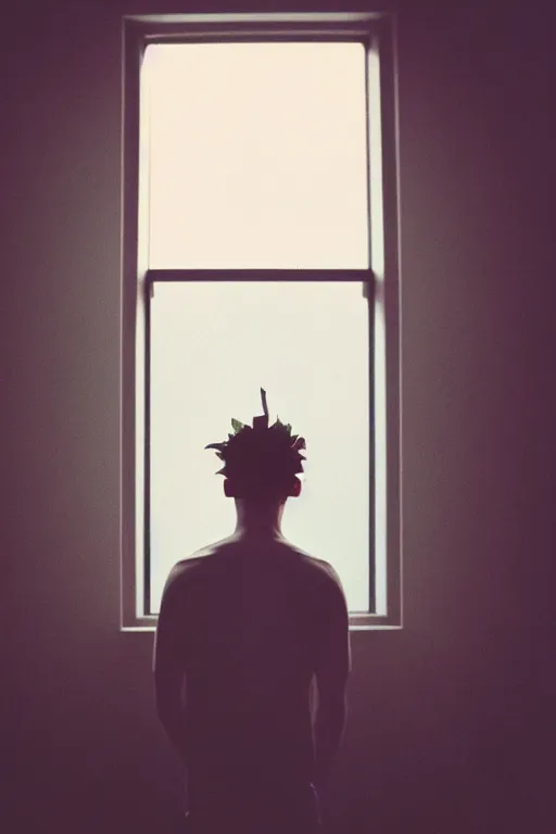 Prompt: kodak portra 1 6 0 photograph of a skinny guy standing in a spaceship, window, flower crown, back view, moody lighting, moody vibe, telephoto, 9 0 s vibe, blurry background, tranquil, calm, faded!,