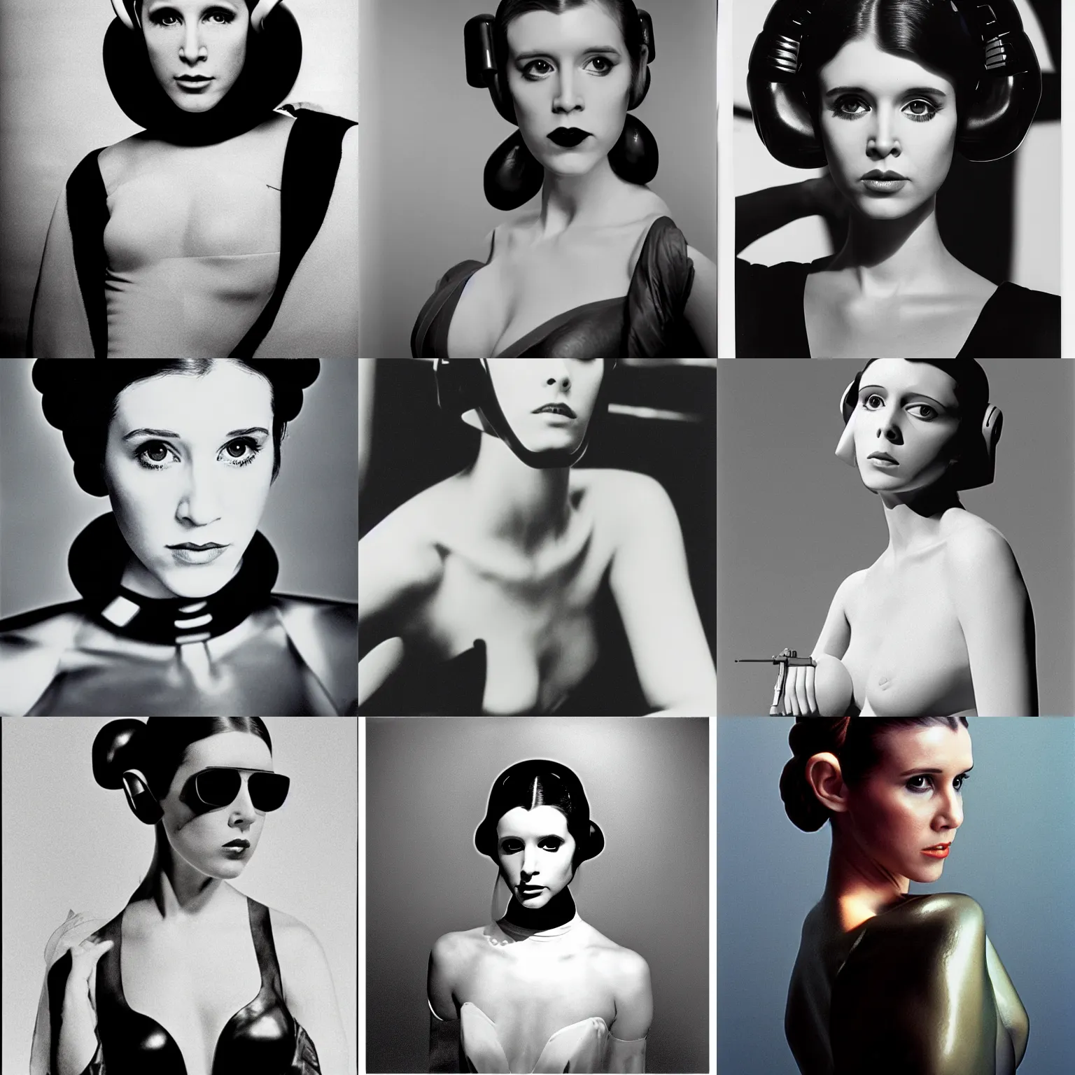 Prompt: a model photograph of princess leia with aviator sunglasses by hartmut newton, 3 5 mm, stuido lighting, award - winning