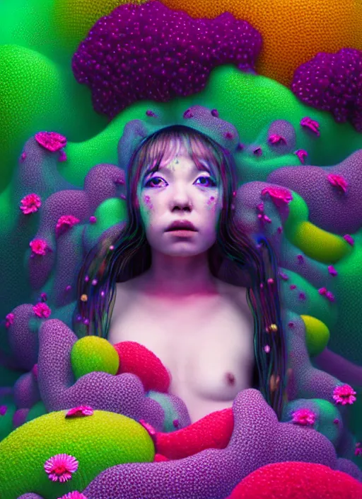 Image similar to hyper detailed 3d render like a Oil painting - kawaii Aurora (Singer) seen Eating of the Strangling network of colorful yellowcake and aerochrome and milky Fruit and Her delicate Hands hold of gossamer polyp blossoms bring iridescent fungal flowers whose spores black the foolish stars by Jacek Yerka, Mariusz Lewandowski, Houdini algorithmic generative render, Abstract brush strokes, Masterpiece, Edward Hopper and James Gilleard, Zdzislaw Beksinski, Mark Ryden, Wolfgang Lettl, Dan Hiller, hints of Yayoi Kasuma, octane render, 8k