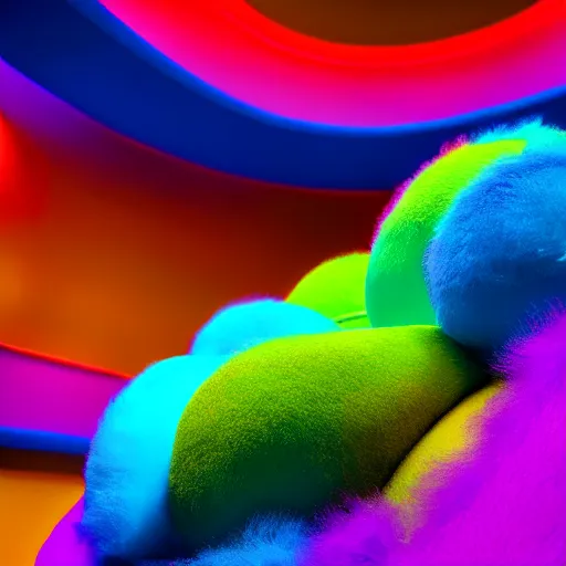 Image similar to : colorful abstract hyperbolic fuzzy sculpture on the wall in modern architecture, cinematic lighting, hyper - realistic, detailed, render by c 4 d octane, unreal engine, 8 k 3 d render